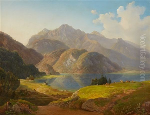 View Of Lake Kochel With Herzogstand And Heim Oil Painting by Michael Lueger