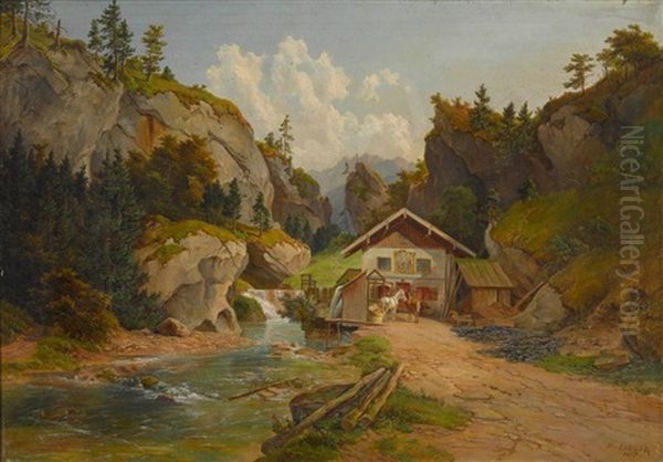 Gebirgslandschaft Mit Einkehr Oil Painting by Michael Lueger