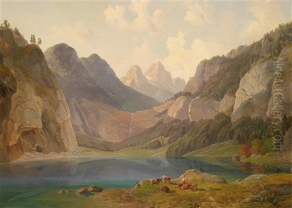 Gebirgslandschaft Mit Ruhender Tierherde Im Vordergrund Oil Painting by Michael Lueger