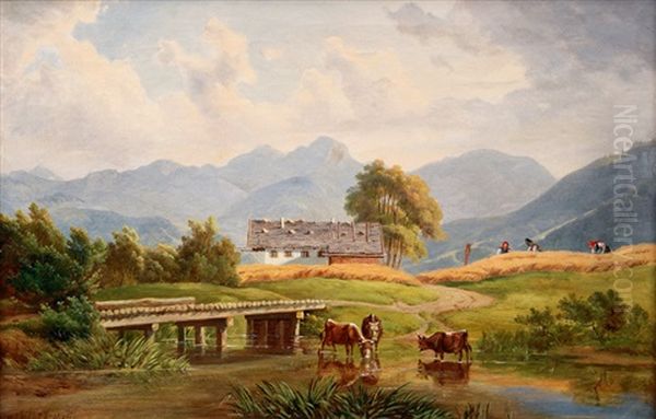 Grain Harvest In The Alps Oil Painting by Michael Lueger