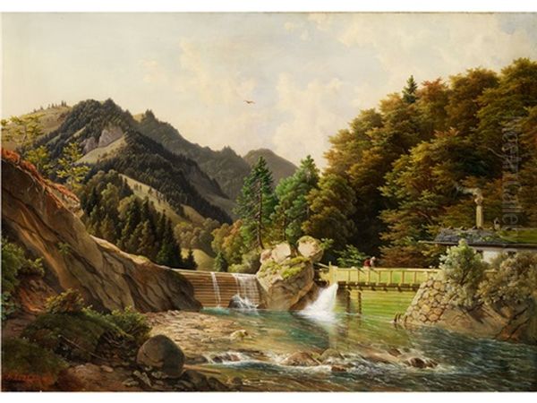 Gebirgslandschaft Mit Grosser Bachschleuse Oil Painting by Michael Lueger