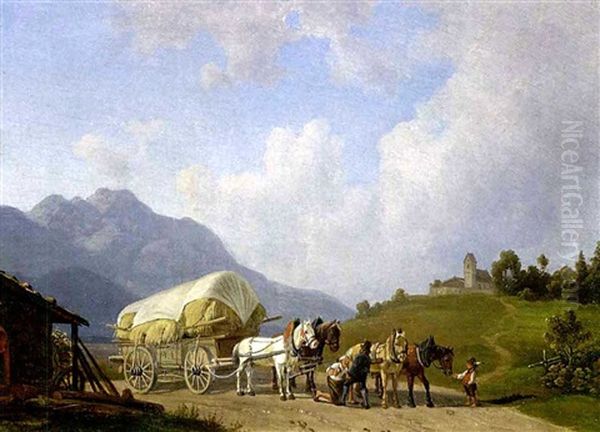 Vierspanner Heuwagen, Einem Pferd Wird Ein Huf Beschlagen Oil Painting by Michael Lueger