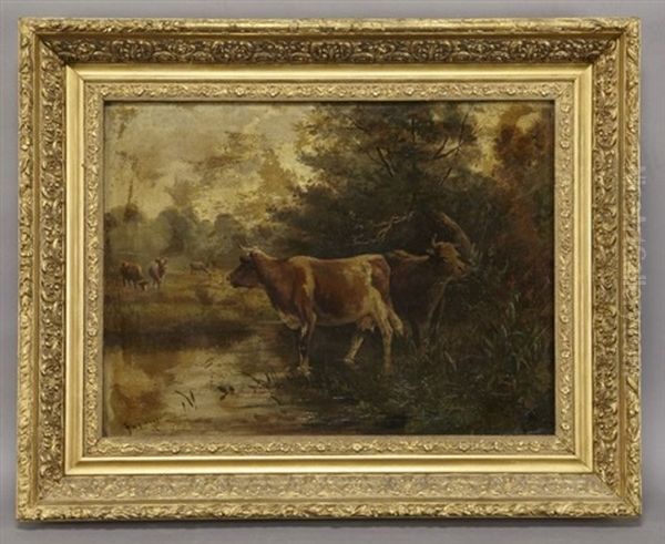 Cows In A Wooded Landscape Oil Painting by Frederick Von Luerzer