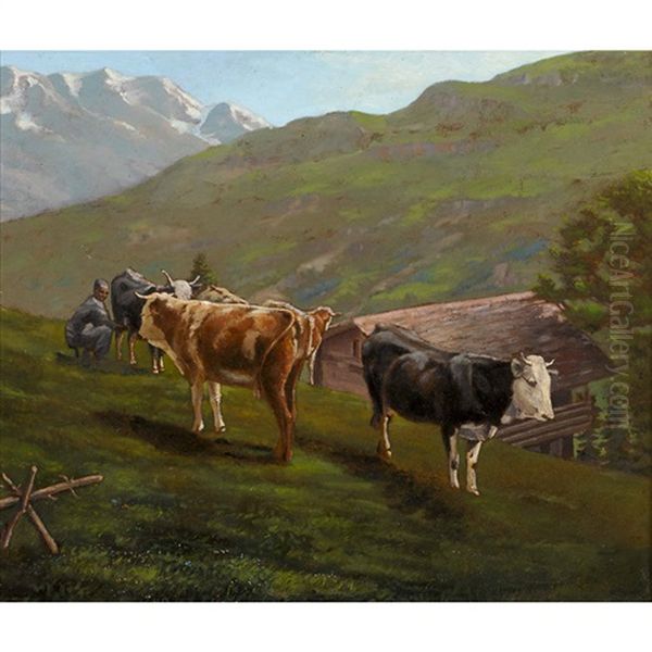 Bauerin Beim Melken Auf Der Alp Oil Painting by Albert Lugardon