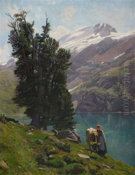 Der Engstlensee Gegen Den Titlis Oil Painting by Albert Lugardon