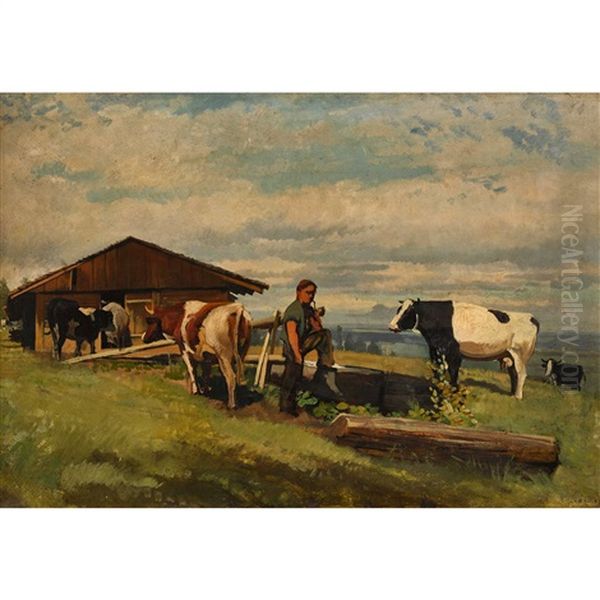 Senn Mit Kuhen Vor Dem Stall Oil Painting by Albert Lugardon