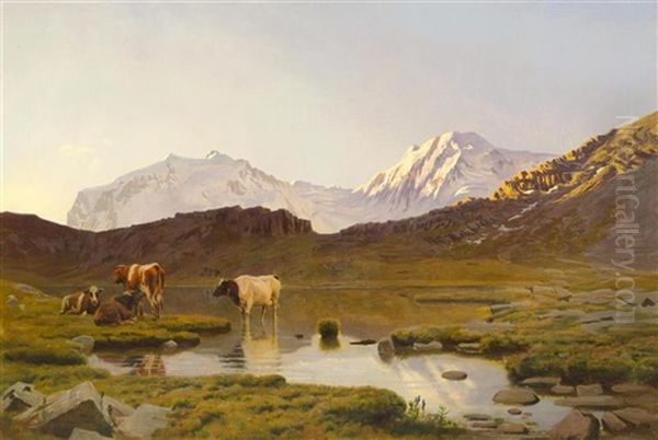 Lake Riffel With View Of Monte Rosa And The Lyskamm (near Zermatt) Oil Painting by Albert Lugardon