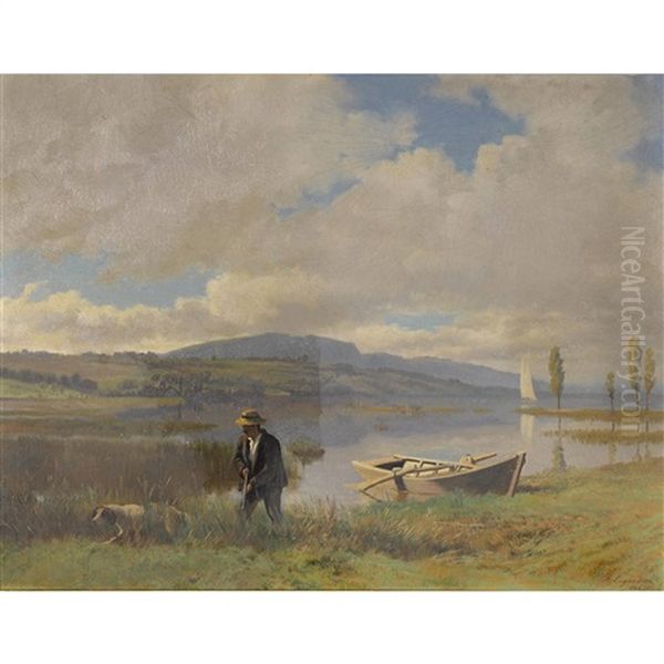 Jager Mit Hund Am See by Albert Lugardon