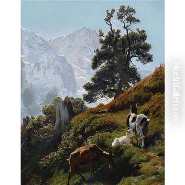 Sommerliche Alp Mit Ziegen Oil Painting by Albert Lugardon