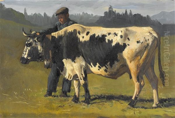 Bauer Mit Kuh Auf Der Weide Oil Painting by Albert Lugardon