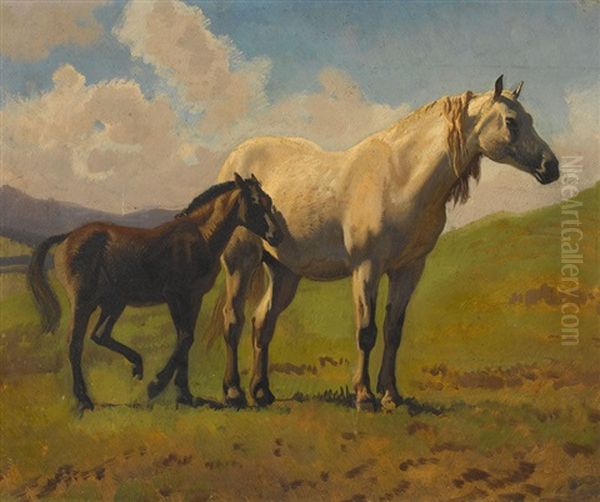 Jument Et Son Poulain Oil Painting by Albert Lugardon