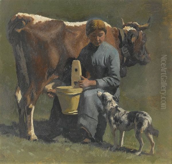 Jeannette Et Sa Vache Oil Painting by Albert Lugardon