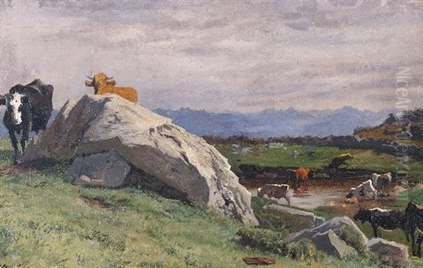 Troupeau De Vaches Pres D'un Lac De Montagne Oil Painting by Albert Lugardon