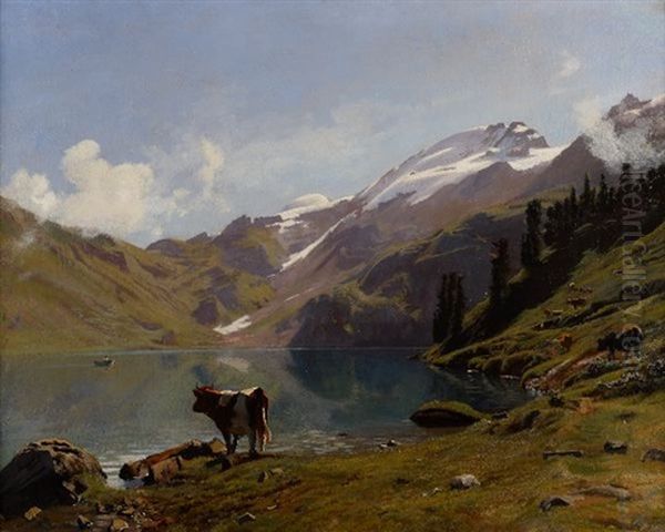 Troupeau Au Bord D'un Lac De Montagne Oil Painting by Albert Lugardon