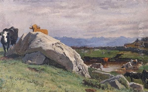 Troupeau De Vaches Pres D'un Lac De Montagne Oil Painting by Albert Lugardon