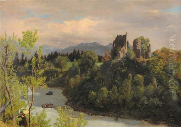 Felsige, Baumbestandene Flusslandschaft Mit Burgruine Oil Painting by Albert Lugardon