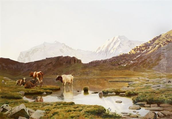 Troupeau Au Bord D'un Lac Alpin Oil Painting by Albert Lugardon