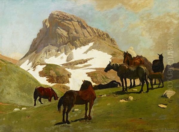 Chevaux Dans Les Alpes Oil Painting by Albert Lugardon