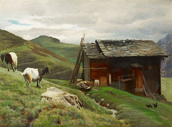 Chalet A La Rideralp, Valais Oil Painting by Albert Lugardon