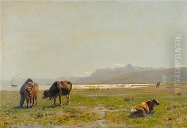 Kuhe Am Seeufer Oil Painting by Albert Lugardon