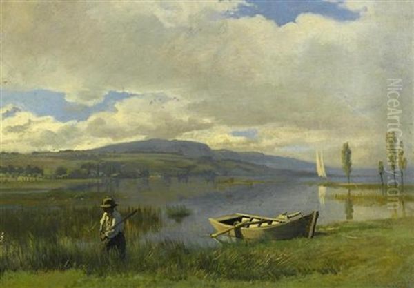 Chasseur Au Bord Dun Lac Oil Painting by Albert Lugardon