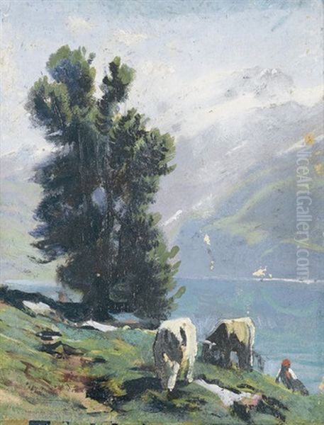 Engstlensee Mit Titlis Oil Painting by Albert Lugardon