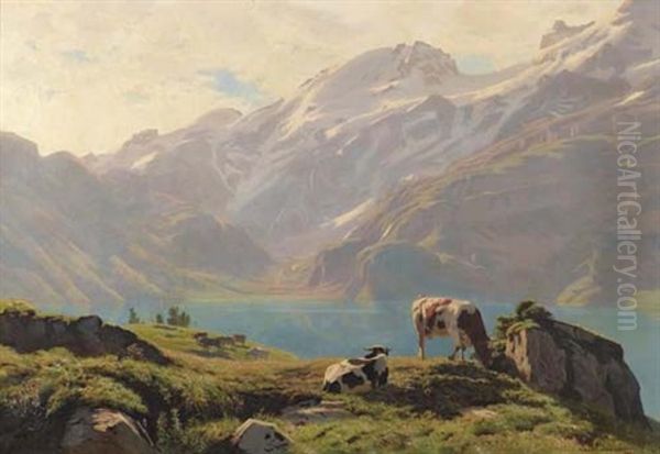 Le Lac D'oeschinen Oil Painting by Albert Lugardon