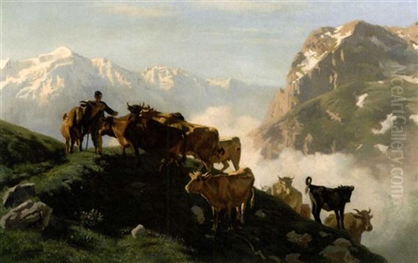 Kuhherde Mit Senner Aud Der Alm Oil Painting by Albert Lugardon