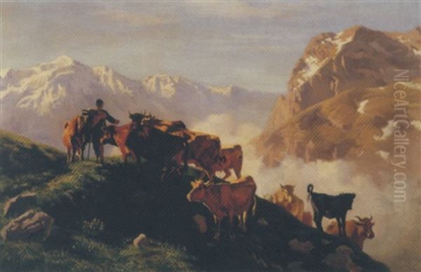 Morning In The Alps Oil Painting by Albert Lugardon