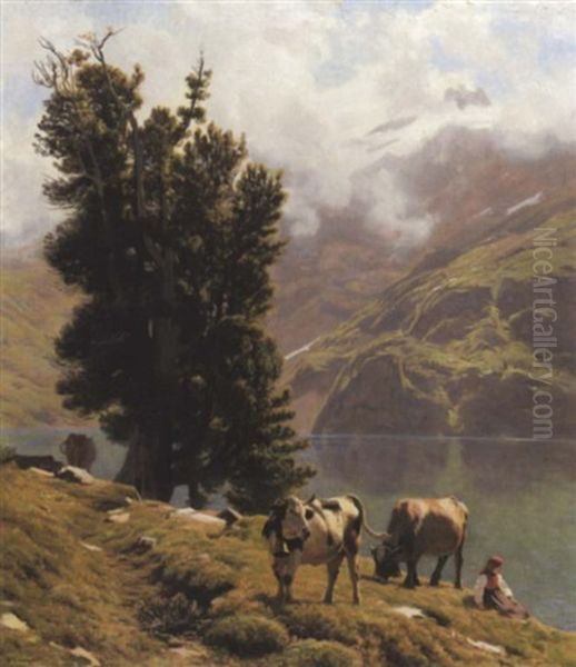 Paysage De Montagne Avec Vaches Et Personnage Au Bord Du Lac Oil Painting by Albert Lugardon