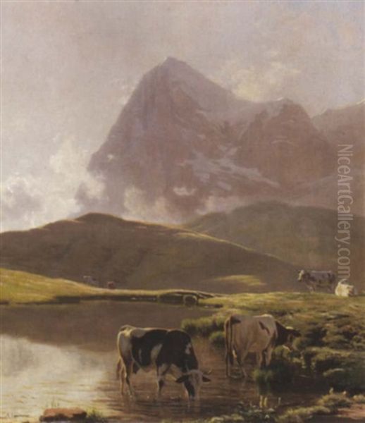 Paysage De Montagne Avec Vaches Et Lac Oil Painting by Albert Lugardon