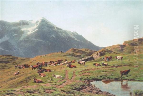 Sommerliche Alp Mit Weidenden Kuhen Im Berner Oberland Oil Painting by Albert Lugardon