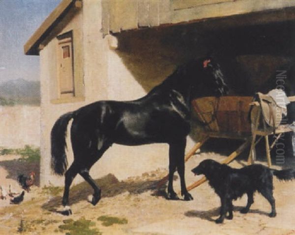 Rappe Und Hofhund Vor Dem Stall Oil Painting by Albert Lugardon