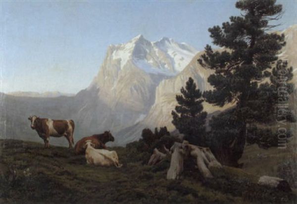 Drei Kuhe Auf Einer Alm Vor Dem Wetterhorn Oil Painting by Albert Lugardon