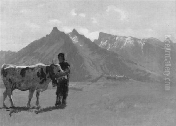 Greyerzer Hirte Mit Kuh Vor Dem Dent De Broc Oil Painting by Albert Lugardon