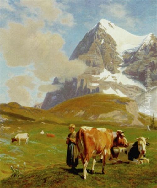 Strickendes Madchen Mit Kuhen Auf Der Kleinen Scheidegg Mit Blick Auf Den Eiger Oil Painting by Albert Lugardon