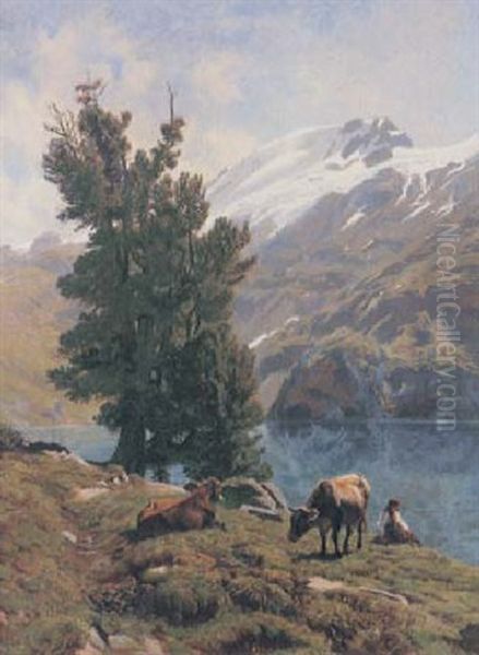 Alpenseepanorama Mit Hirtin Und Zwei Kuhen Oil Painting by Albert Lugardon