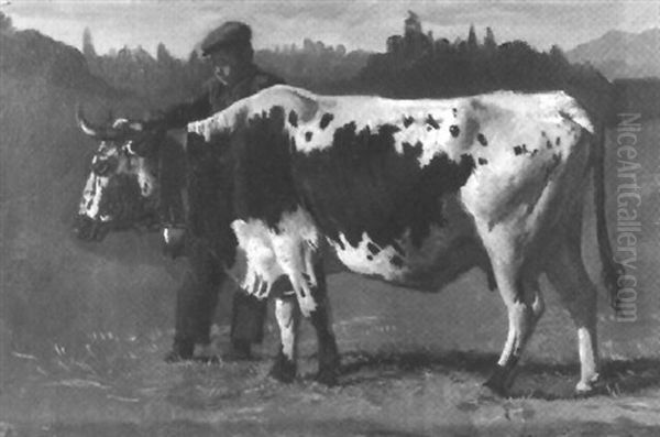 Bauer Mit Kuh Auf Der Weide Oil Painting by Albert Lugardon