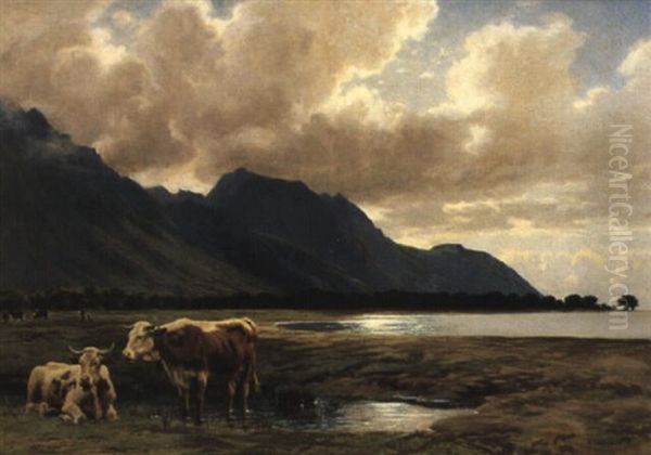 Uferlandschaft Mit Kuhen Auf Der Weide Oil Painting by Albert Lugardon