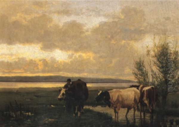 Hirtenknabe Mit Vieh Vor Seeufer Im Abendlicht by Albert Lugardon