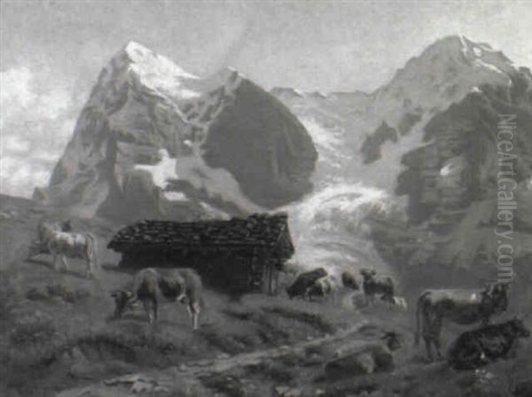 Kuhherde Vor Einem Eisgletscher Oil Painting by Albert Lugardon