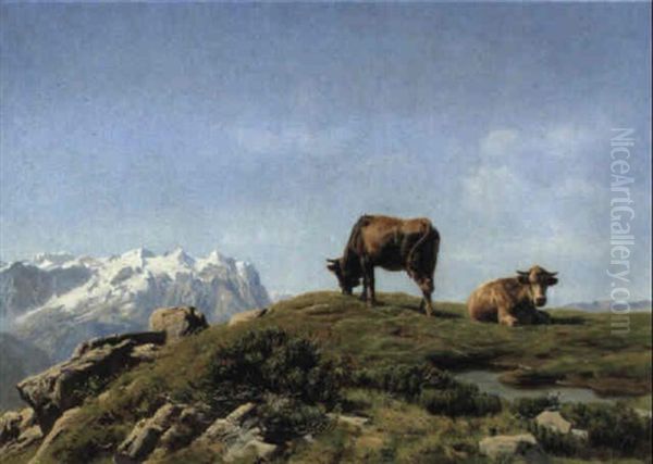 Weidende Kuhe Auf Der Alp Oil Painting by Albert Lugardon