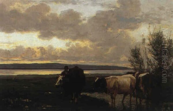 Landschaft Mit Weidenden Kuehen Oil Painting by Albert Lugardon