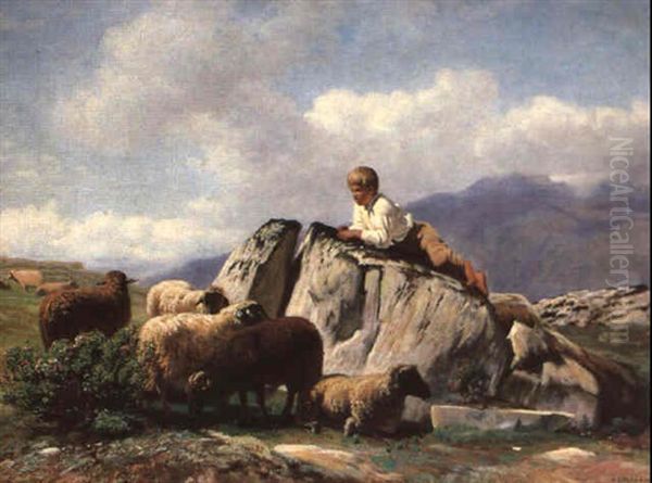 Der Schafhirte Auf Dem Felsen Oil Painting by Albert Lugardon