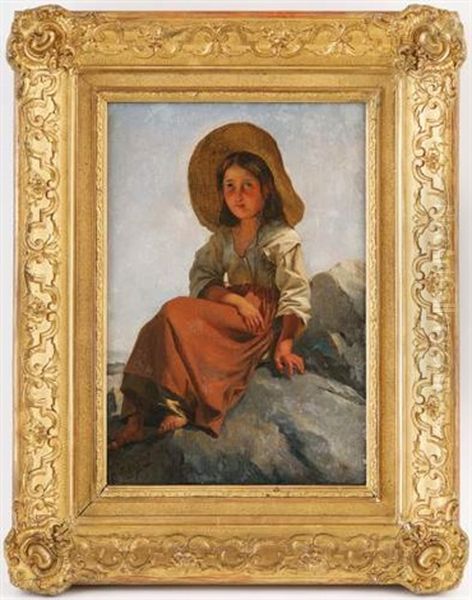 Jeune Paysanne Assise Sur Les Rochers Oil Painting by Jean-Leonard Lugardon