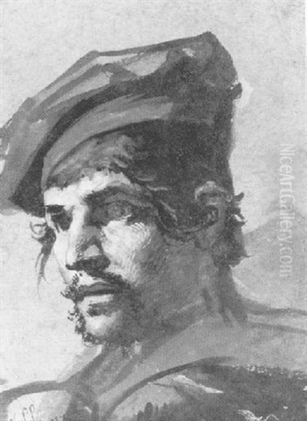 Head Of A Man In A Red Beret Oil Painting by Jean-Leonard Lugardon