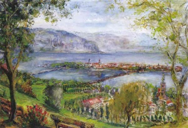 Blick Vom Hoyerberg Auf Holdereggen, Die Insel Lindau Und Gebirgspanorama Oil Painting by Alfons Luger