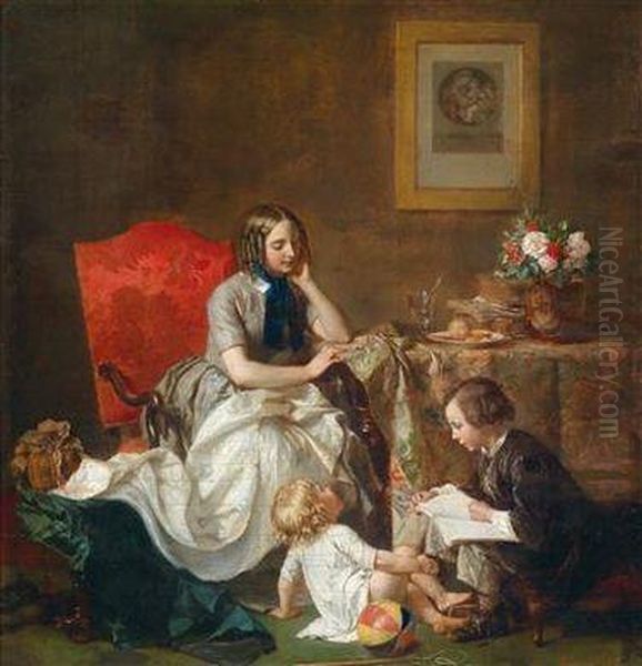 Famillienidylle Oil Painting by Jean Baptiste Antoine Emile Beranger