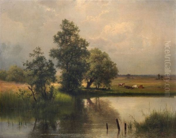 Landschaft Mit Weiher Und Weidevieh Oil Painting by Emil Lugo