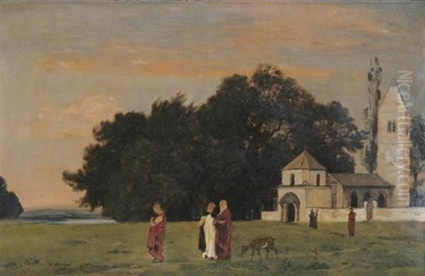 Die Kapelle. Monche Und Nonnen Vor Einer Von Baumen Umgebenen Kapelle Im Gesprach Oil Painting by Emil Lugo